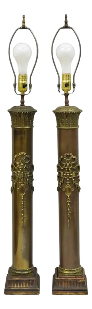 Antique French Empire Neoclassical Bronze Cylinder Tall Table Lamps - A Pair