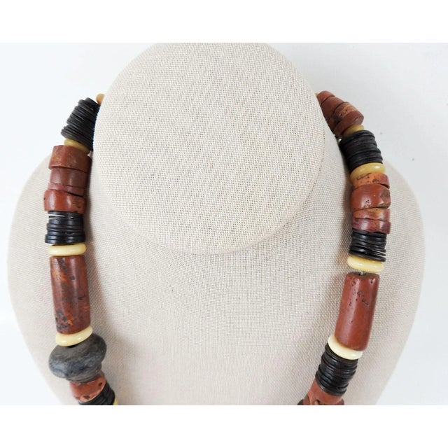 Metal Vintage 1990s Artist Made Tribal Bauxite Pottery Beaded Necklace For Sale - Image 7 of 9