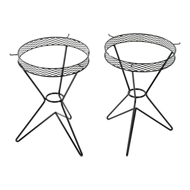 Modern Atomic Three Hairpin Leg Tables After Tony Paul Fredrick Weinberg Iron Wire Mesh Tripod - a Pair For Sale