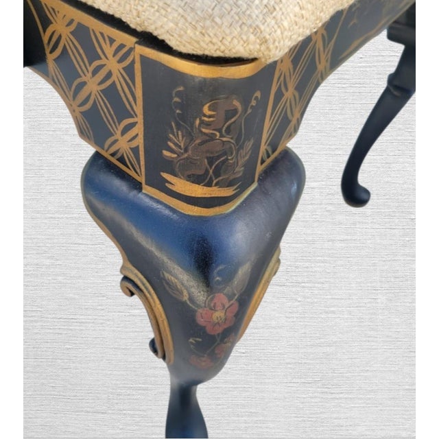 Wood 1970s Hollywood Regency Hand Painted Chinoiserie Black Birds Scene Queen Anne Side Arm Chairs-a Pair For Sale - Image 7 of 13