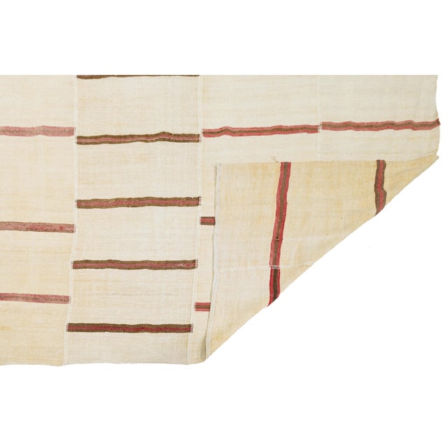 Contemporary Vintage 13 X 27 Extra-Long Minimalist Striped Kilim Wool Rug in Neutral Cream For Sale - Image 3 of 12