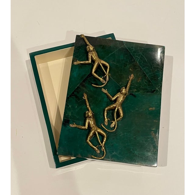 Green Penshell Box With Brass Monkeys For Sale - Image 4 of 6