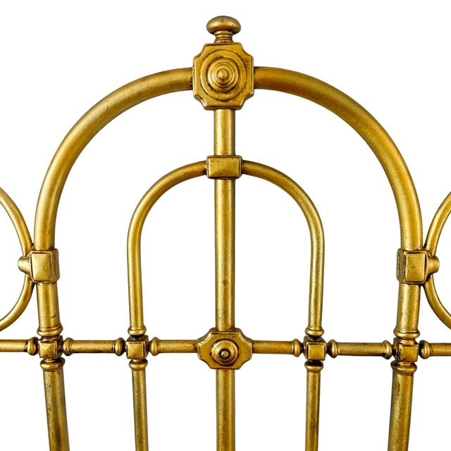 Late 19th Century Antique English Victorian Solid Brass Full Size Headboard, Tall Post, 100% Brass, Arched Scrollwork C. 1890s For Sale - Image 5 of 13