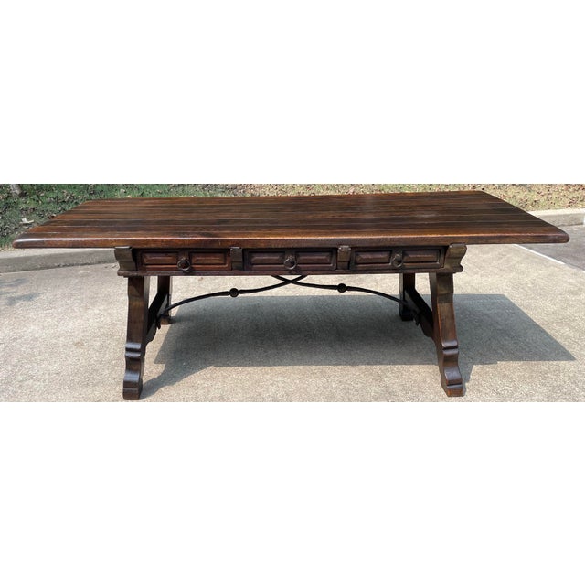 Rustic European Vintage Spanish Farm Table With Iron Stretcher and Drawers For Sale - Image 3 of 10