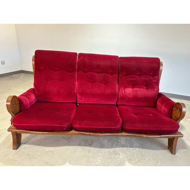 Wood 1970’s Vintage French Brutalist Oak and Red Velvet Sofa For Sale - Image 7 of 12