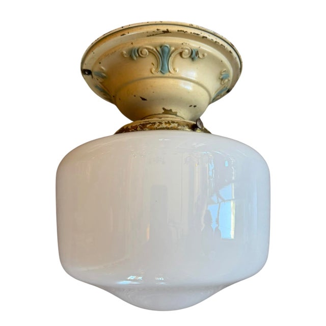 Shabby Chic Antique Original Patina Polychrome Painted Schoolhouse Flushmount For Sale - Image 3 of 6