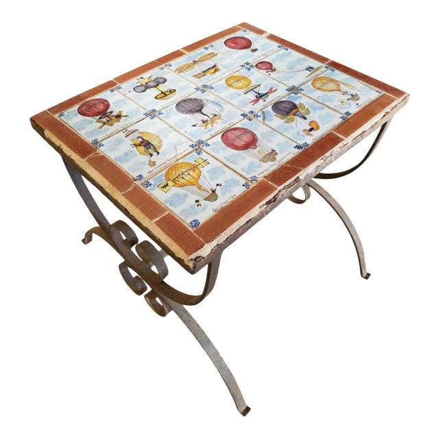 Antique Ballooning Themed Tile Table For Sale