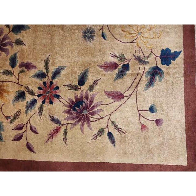 Early 20th Century 1920s Beige Floral Antique Chinese Art Deco Rug 9' X 12' Handknotted Wool Carpet For Sale - Image 5 of 6
