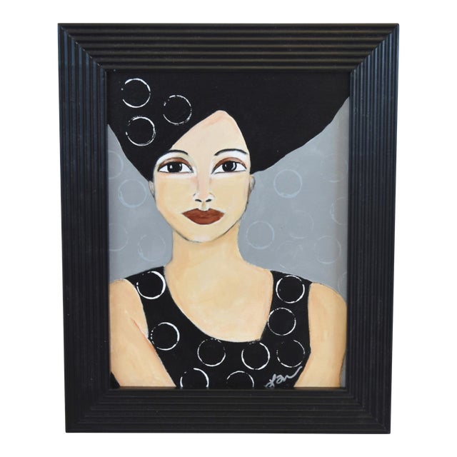 Chic Dark Haired Woman Portrait Oil Painting Including the Antiqued Black Wood Frame For Sale