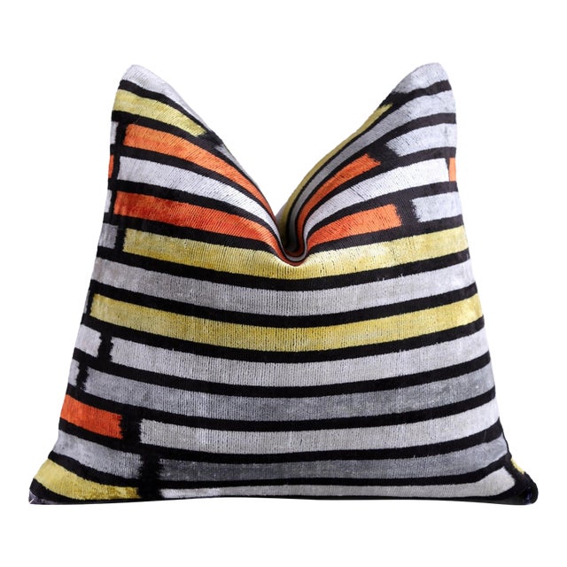 Handmade 16x16 Velvet Pillow – Striped Orange, Yellow & Gray For Sale