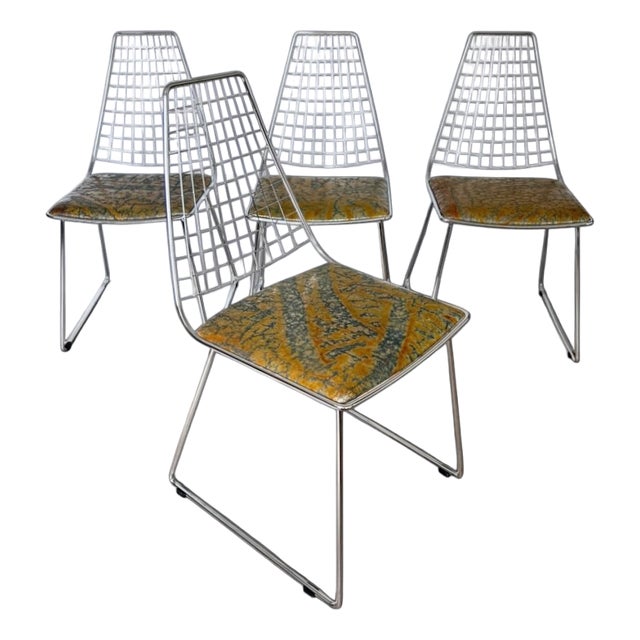 Designer Chairs in Hand-Decorated Leather and Steel, 1970s, Set of 4 For Sale