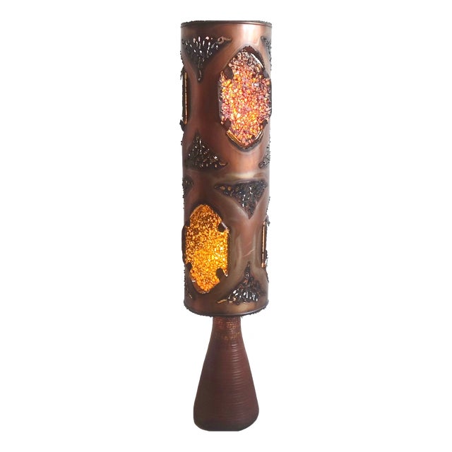 Vintage Brutalist Ceramic Resin and Copper Floor Lamp from Accolay, 1970s For Sale