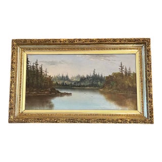 Antique American Wilderness Lake Landscape — Oil on Board — Hudson River School / Luminist — Ornate Gilt Frame — 14 X 23 Inches For Sale