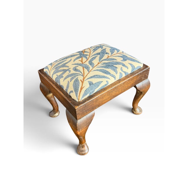 Wood Antique Queen Anne Ottoman in Upholstery and Cabriole Legs by William Morriss, 1890s For Sale - Image 7 of 10
