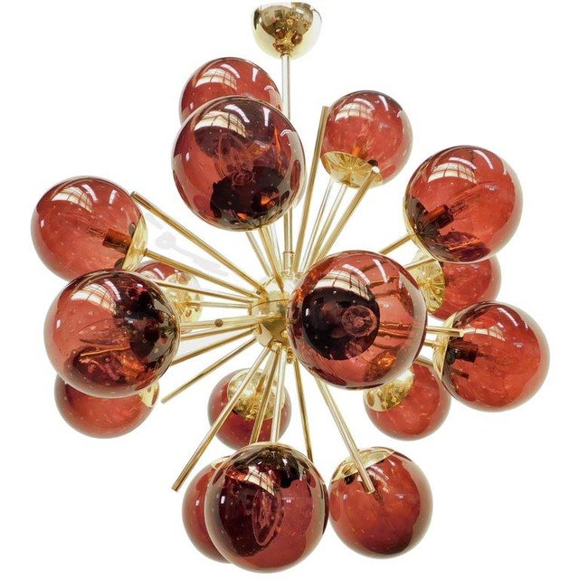Italian sputnik chandelier with 18 amethyst Murano glass globes carefully hand blown with bubbles inside the glass using...