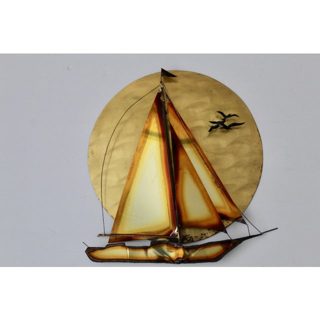 Mid-Century Modern Curtis Jere Style Vintage Mid Century Brass Sun Flying Birds Sailing Boat Wall Decoration Sculpture For Sale - Image 3 of 9