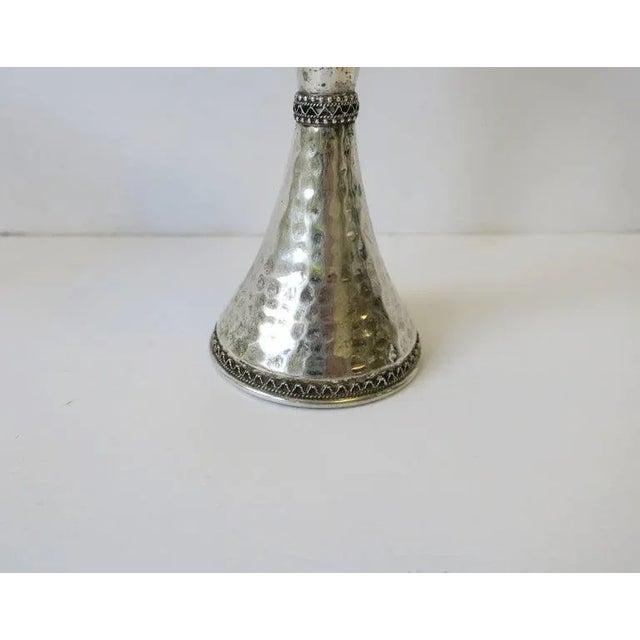 Sterling Silver Candlesticks with Hourglass Shape & Hammered Design - A Pair For Sale - Image 11 of 13
