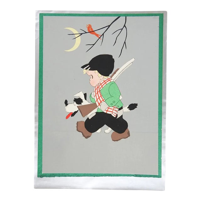 Vintage 1930s Boy and Dog Hunting Italian Screenprint Card For Sale