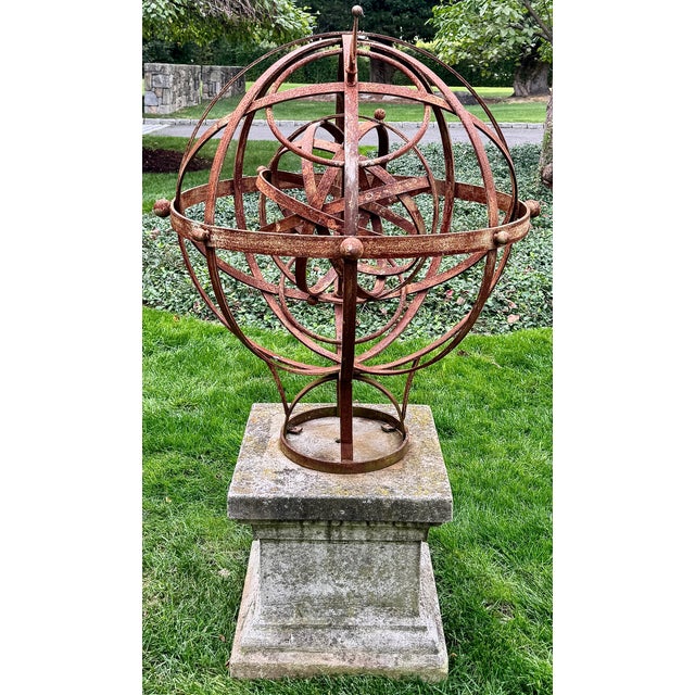 Large Rotating Iron Armillary on Stone Plinth, English Garden Sculpture ...