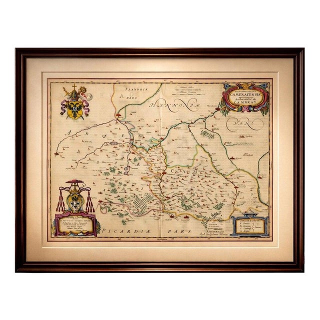 Map of Cambrai & Artois with Heraldic Cartouches from Blaeu, 1642 For Sale