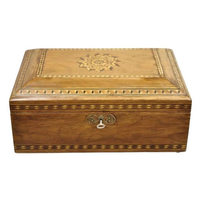 Late 19th Century Antique English Marquetry Inlaid Wood Large Tea Caddy Lined in Metal Desk Box For Sale