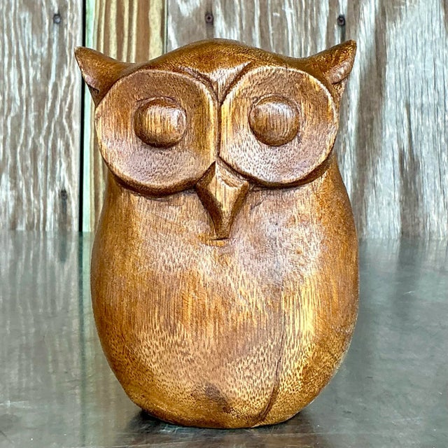 Rustic Vintage Boho Carved Wooden Owl For Sale - Image 3 of 7