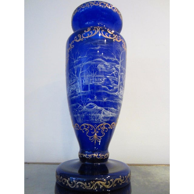 20th Century Snow Painted Monumental Cobalt Blue Gold Relief Glass Vase For Sale - Image 4 of 9