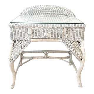 Vintage White Rectangular Wicker & Bamboo Desk, Console or Vanity With Glass Top, Drawer For Sale