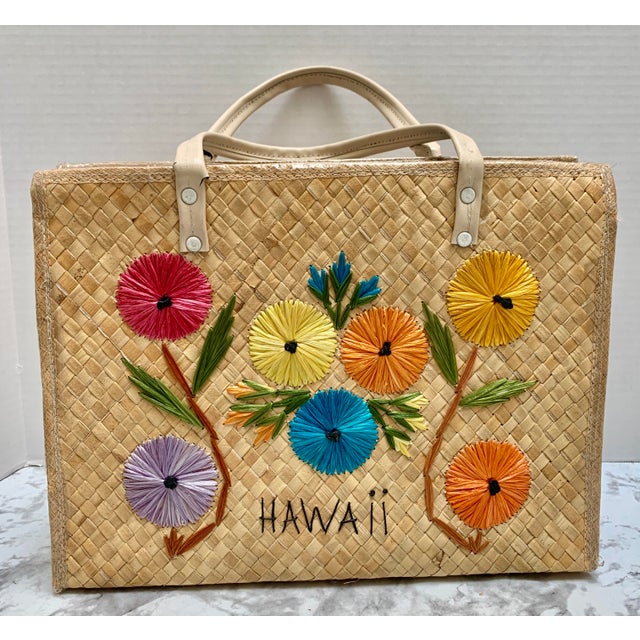 Tan Vintage Midcentury Hawaiian Souvenir Basket Tote Bag For Sale - Image 8 of 8