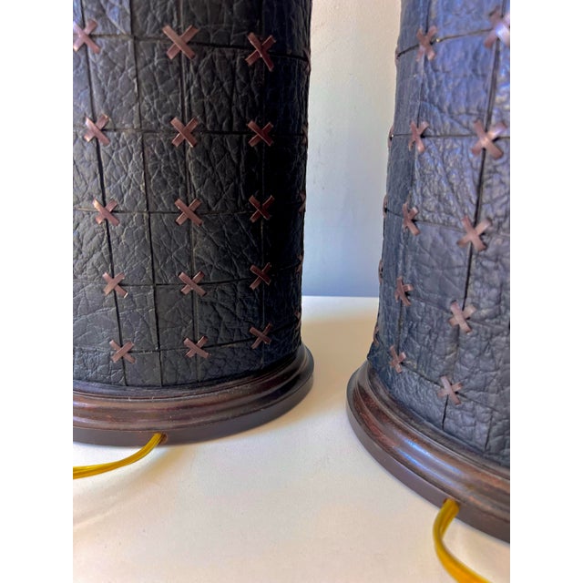 1970s Vintage Black Leather Patchwork Cross Stitch Table Lamps; A Pair For Sale - Image 5 of 9