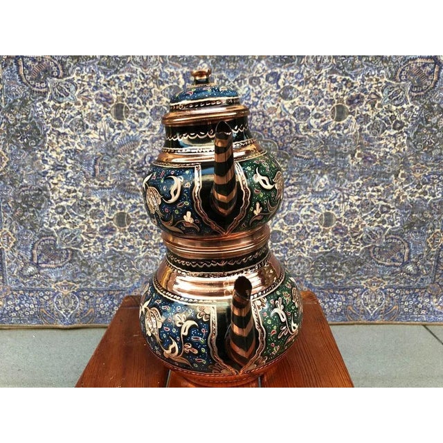 Boho Chic Handmade Green and Blue Floral Teapot Set with Wooden Handles, Set of 2 For Sale - Image 3 of 9