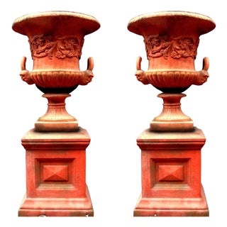 Georgian Terracotta Garden Vase on Pedestal, Set of 2 For Sale