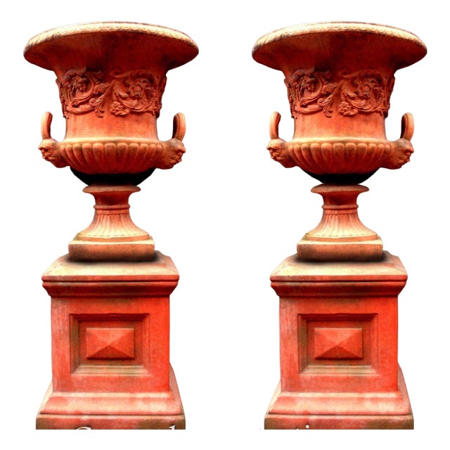 Georgian Terracotta Garden Vase on Pedestal, Set of 2 For Sale