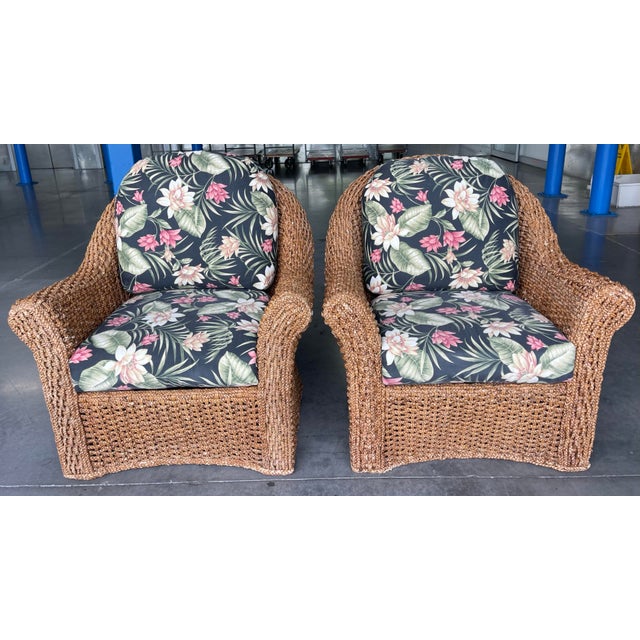 Vintage Sculptural Braided Rattan Lounge Armchairs in Tropical Upholstery, Pair For Sale - Image 9 of 12
