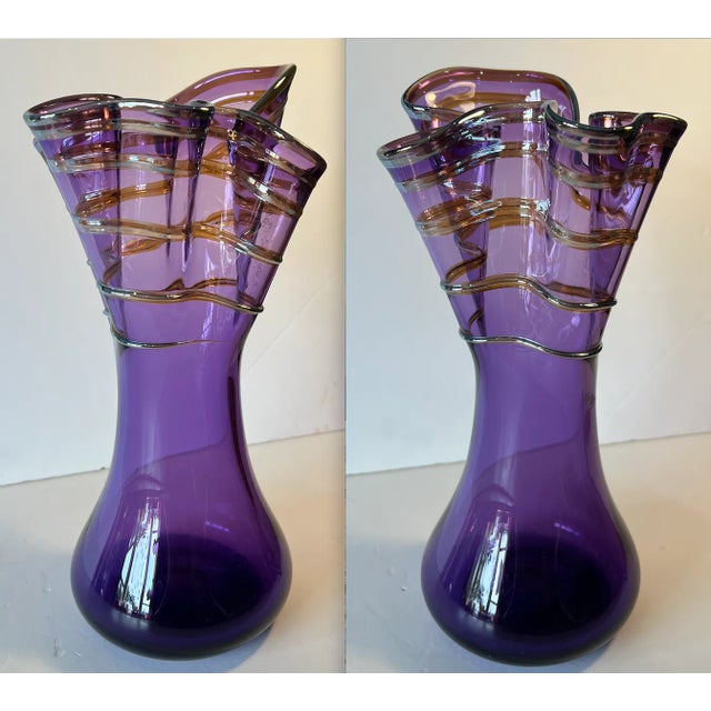 Glass Signed Rich Pitkethly Art Glass Amethyst Handkerchief Vase With Swirled Lines For Sale - Image 7 of 12