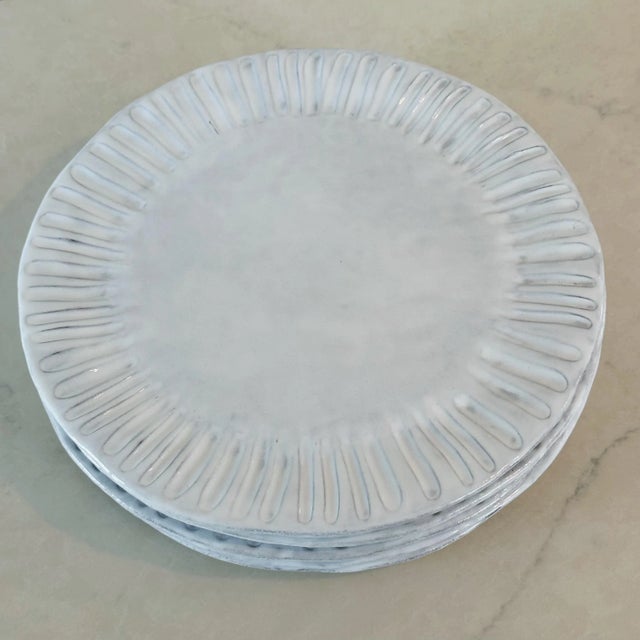 Rustic Vintage Vietri Italy Ceramic Round Sun-Burst Large Dinner Plates in Antique White, Set of Five For Sale - Image 3 of 6