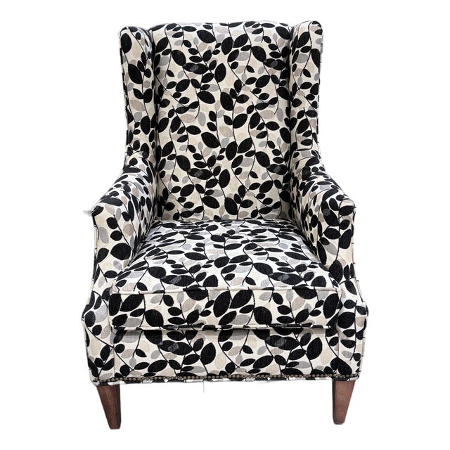 Sam Moore Upholstered Wingback Lounge Chair in Botanical Leaf Fabric For Sale