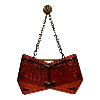 Mid-Century Burnt Orange Art Glass and Brass Pendant Chandelier For Sale