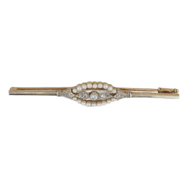 Vintage Pearl Diamond Bar Pin 14k Yellow Gold Brooch For Sale