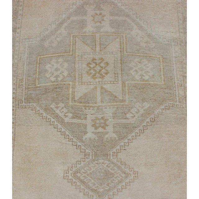 Vintage Turkish Hand Knotted Oushak Runner With Etched Medallion Design in Soft Muted Tones For Sale - Image 10 of 13