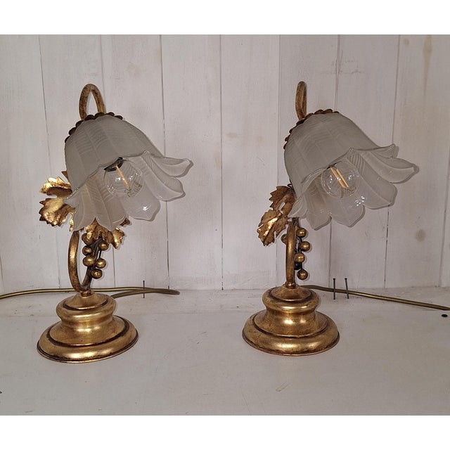 Florentine Table Lamps with Gold-Colored Metal Frames and Frosted Relief Glass Shades, 1970s, Set of 2, in Very Good...