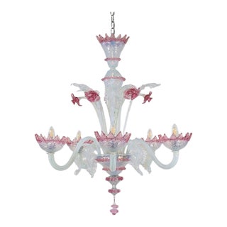 Large Mid-Century Baroque Style Opaline Five Arm Murano Chandelier With Rigaree Trim For Sale