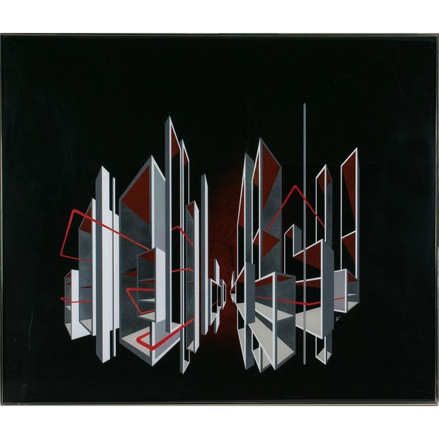 A striking composition created by American artist L. L. Long and dated 1980. The artwork features a kinetic optical Op Art...