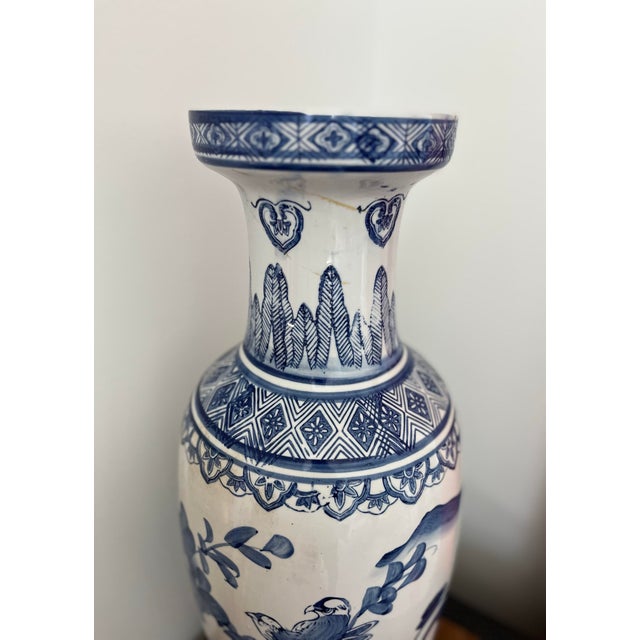 Vintage Hand-Painted Chinoiserie Floor Vase With Blue & White Floral and Avian Motif For Sale - Image 12 of 12