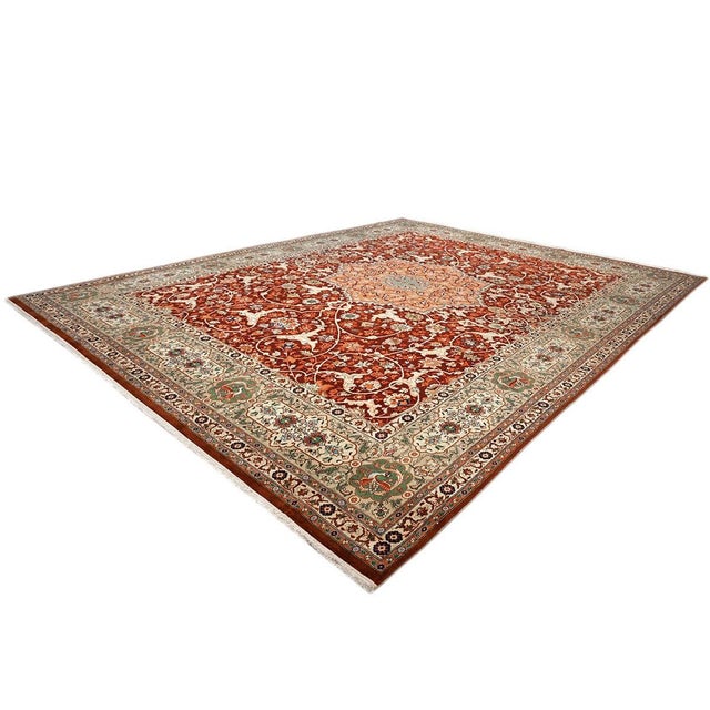 Persian Antique Persian Tabriz Wool 9x12 Red, Ivory, & Green Handmade Area Rug #1143240 For Sale - Image 3 of 9