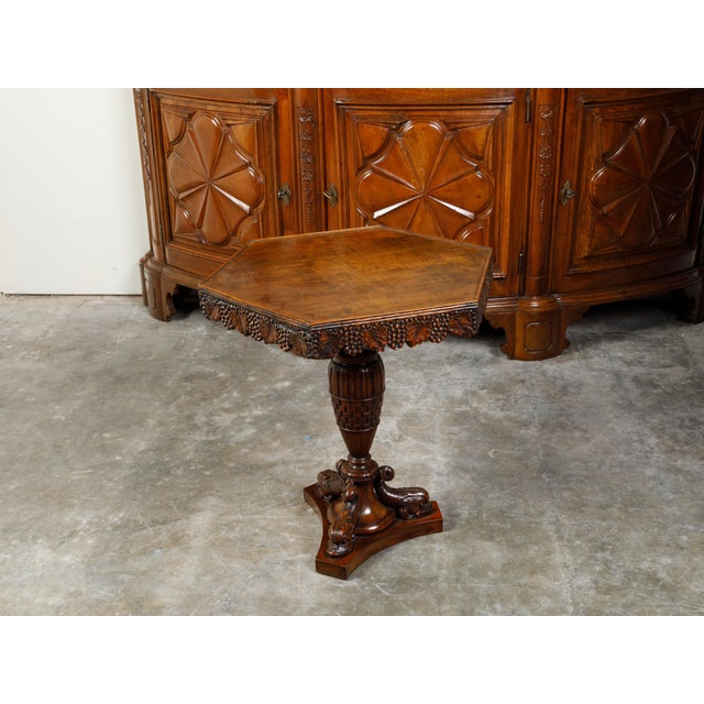 English 19th Century Walnut Pedestal Side Table with Carved Grapes and Dolphins For Sale - Image 9 of 10