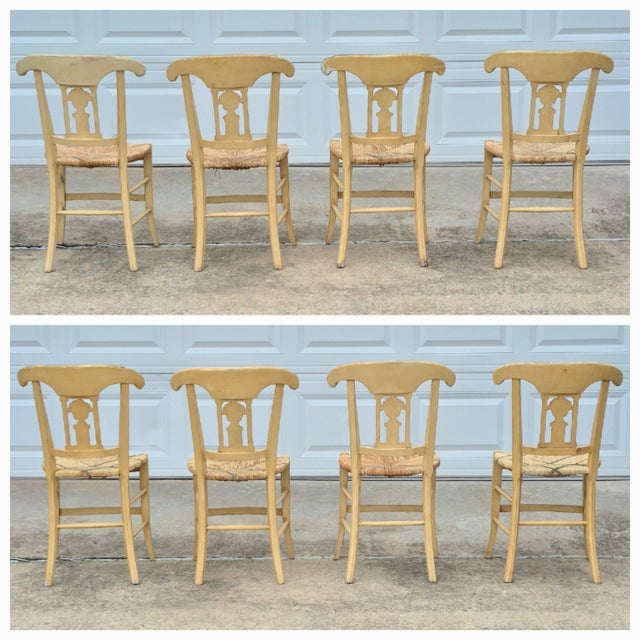 Late 19th Century French Provençal Directoire Painted Carved Back Rush Seat Dining Chairs, Set of 8 For Sale - Image 13 of 16
