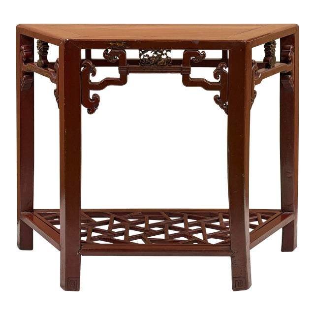 Distressed Reddish Brown Trapezoidal Geometric Lattice Panel Console Table For Sale