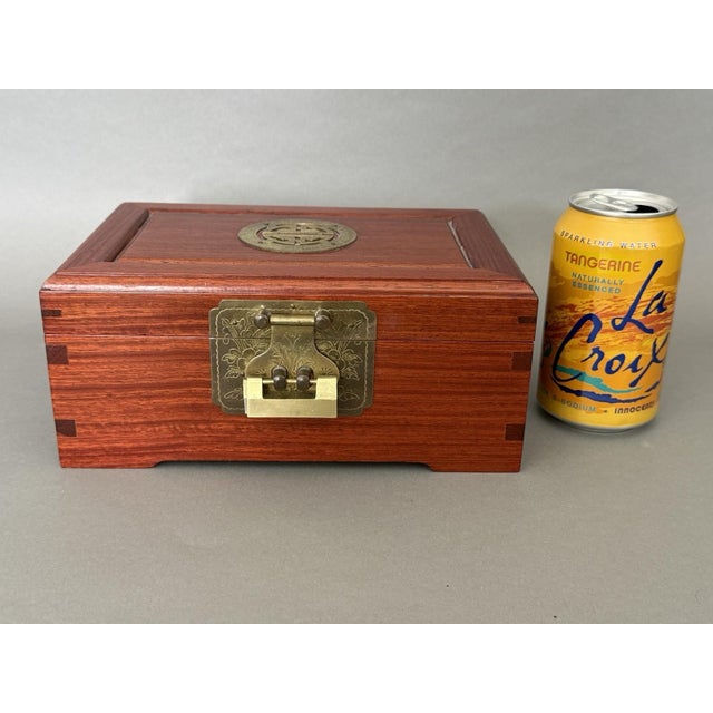 Chinese Asian Wooden Jewelry Box Brass Red Lined Trinket Chest W/Key + Lock Vintage For Sale - Image 10 of 18