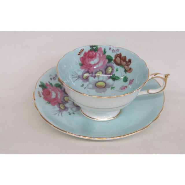 White Paragon Teal Blue Floral Bone China Set of Tea Cup and Saucer 4657b For Sale - Image 8 of 11